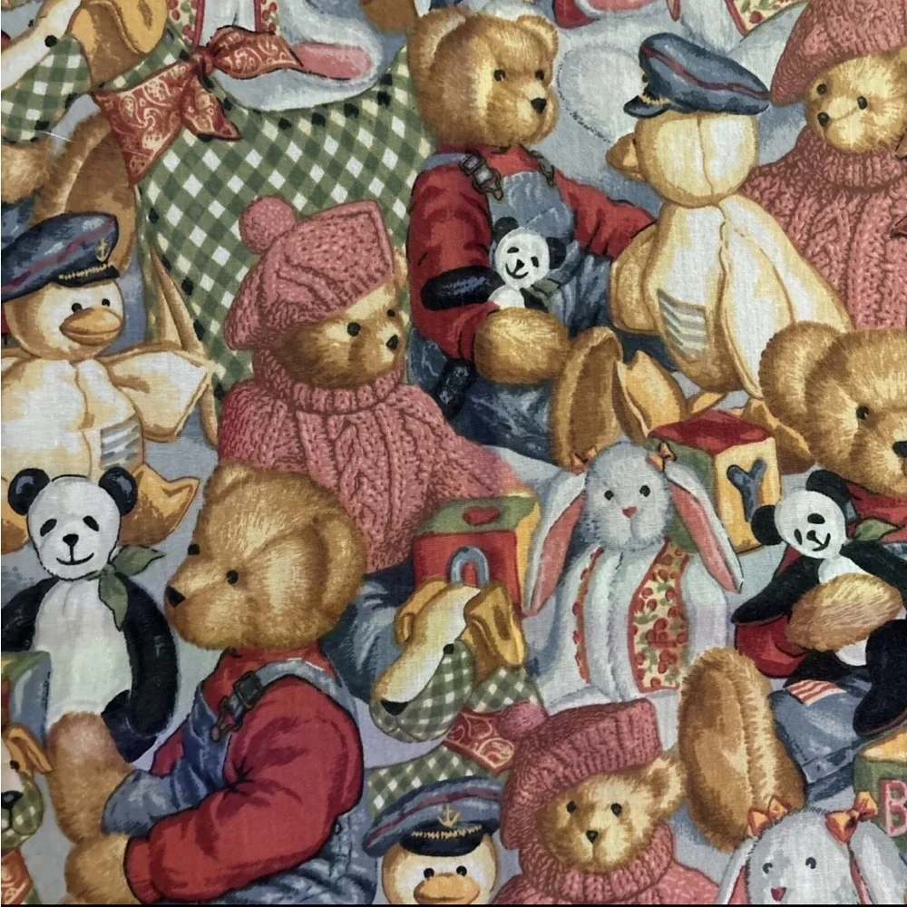 1990s Daisy Kingdom Teddy Bear Print Fabric Tablecloth and Napkins